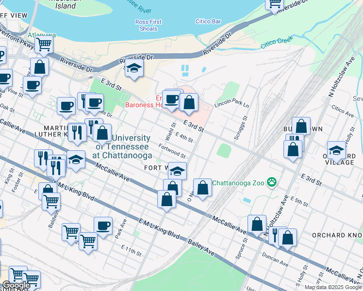 map of restaurants, bars, coffee shops, grocery stores, and more near 1025 East 5th Street in Chattanooga