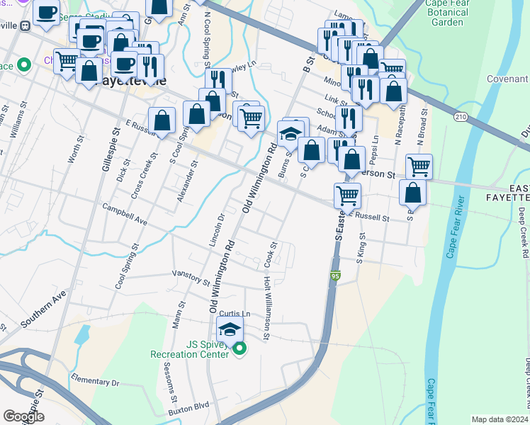 map of restaurants, bars, coffee shops, grocery stores, and more near McDaniel Street in Fayetteville