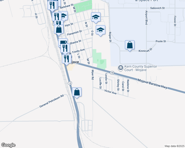 map of restaurants, bars, coffee shops, grocery stores, and more near 1954 California 58 Business in Mojave