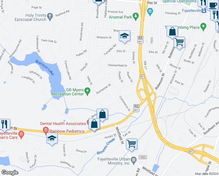 map of restaurants, bars, coffee shops, grocery stores, and more near 723 Commerce Street in Fayetteville
