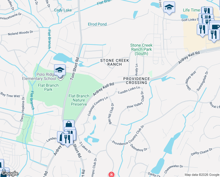 map of restaurants, bars, coffee shops, grocery stores, and more near 7558 Ardrey Kell Road in Charlotte