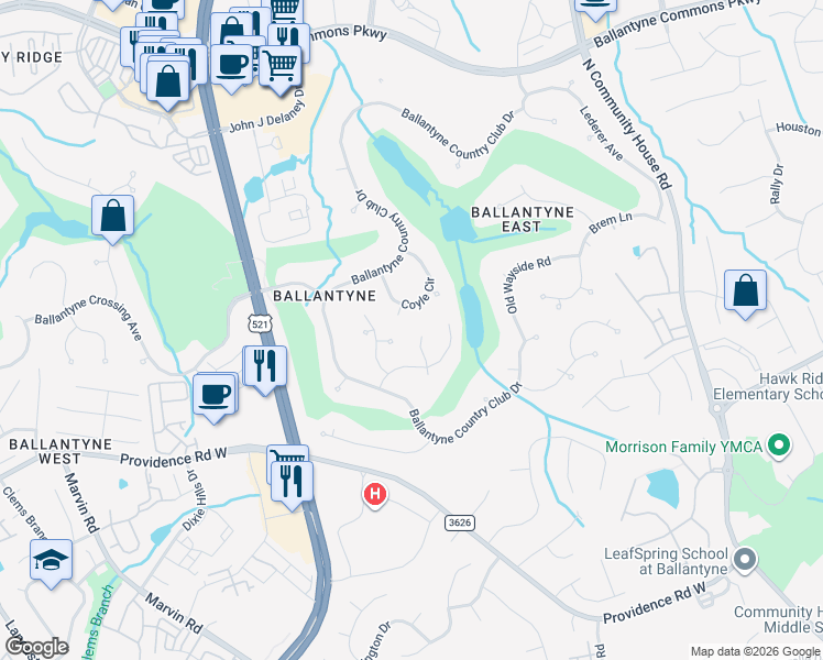 map of restaurants, bars, coffee shops, grocery stores, and more near 14907 McKemey Place in Charlotte