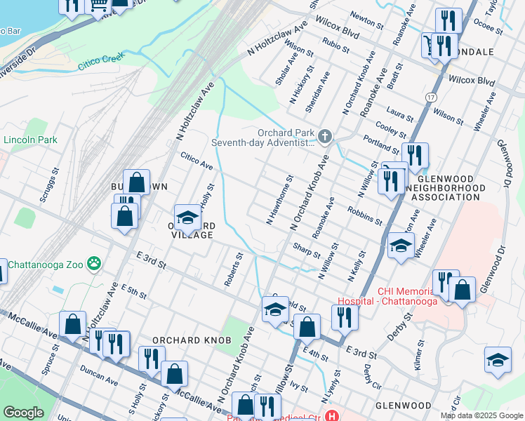 map of restaurants, bars, coffee shops, grocery stores, and more near 1704 Walker Road in Chattanooga