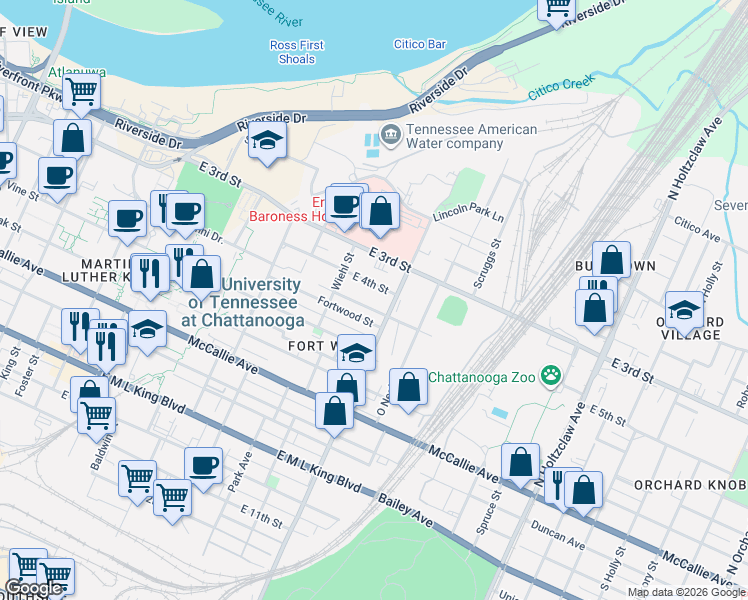 map of restaurants, bars, coffee shops, grocery stores, and more near 1025 East 5th Street in Chattanooga