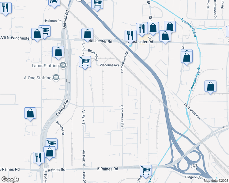 map of restaurants, bars, coffee shops, grocery stores, and more near 3763 Homewood Road in Memphis