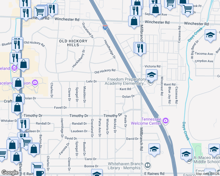 map of restaurants, bars, coffee shops, grocery stores, and more near 3770 Wisteria Cove in Memphis