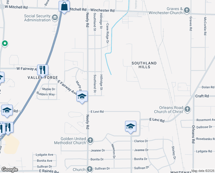 map of restaurants, bars, coffee shops, grocery stores, and more near 3762 Hillridge Street in Memphis