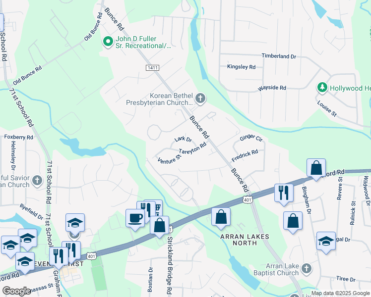 map of restaurants, bars, coffee shops, grocery stores, and more near 6518 Tareyton Road in Fayetteville