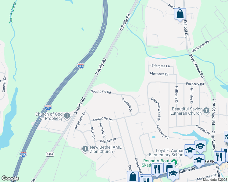 map of restaurants, bars, coffee shops, grocery stores, and more near 7608 Southgate Road in Fayetteville