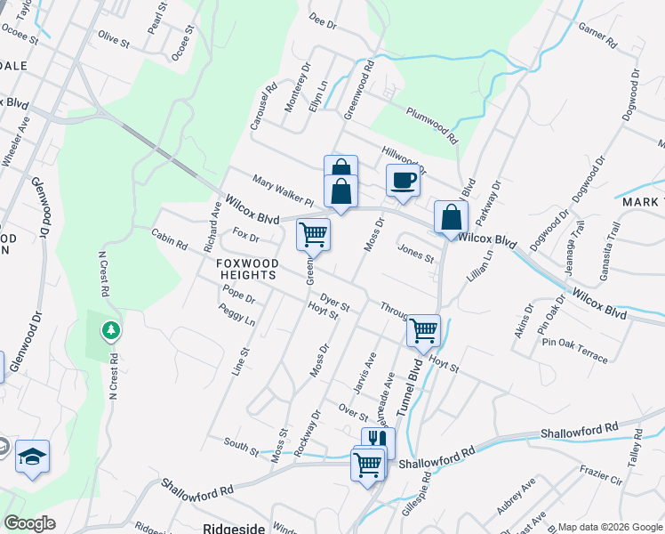 map of restaurants, bars, coffee shops, grocery stores, and more near 3205 Through Street in Chattanooga