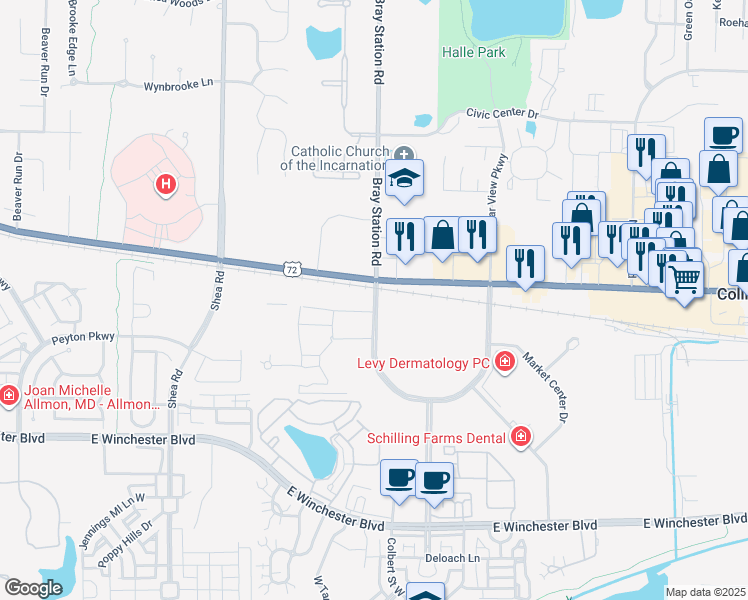 map of restaurants, bars, coffee shops, grocery stores, and more near in Collierville