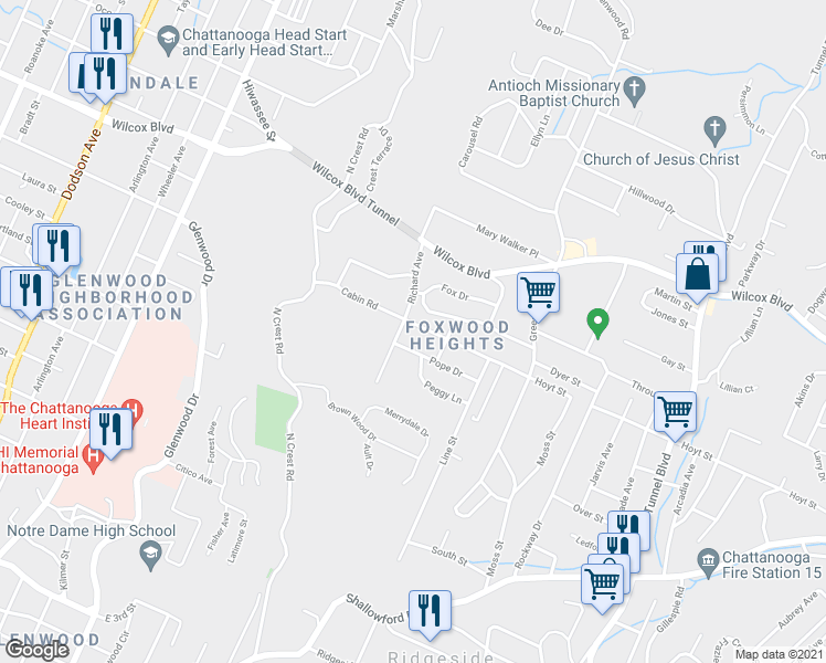 map of restaurants, bars, coffee shops, grocery stores, and more near 2902 Hoyt Street in Chattanooga