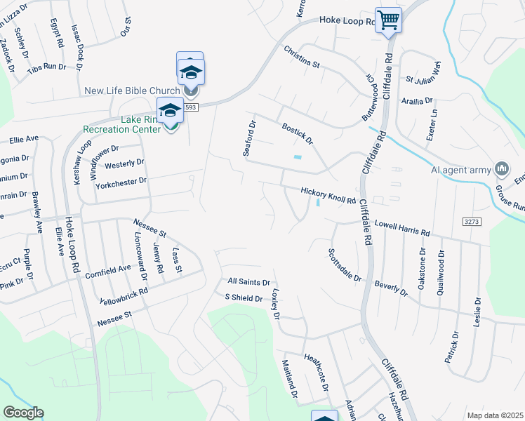 map of restaurants, bars, coffee shops, grocery stores, and more near 5608 Bright View Street in Fayetteville