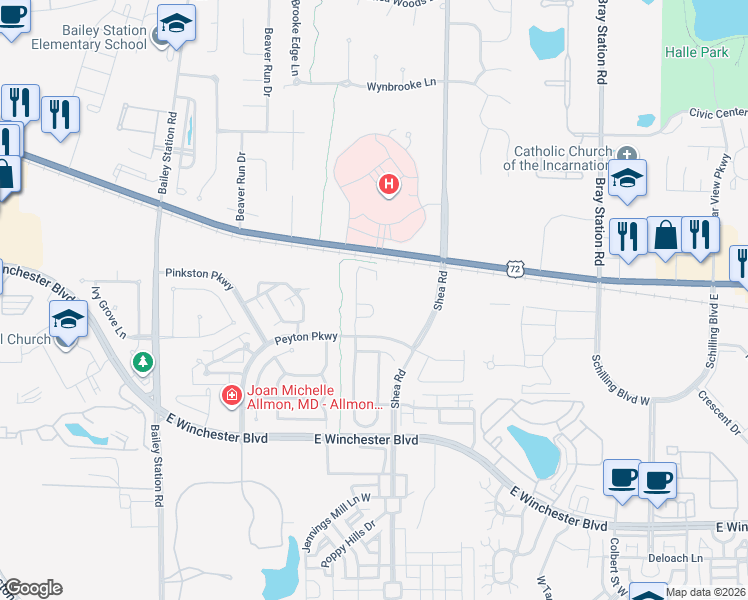 map of restaurants, bars, coffee shops, grocery stores, and more near 1501 Castle Pines Circle in Collierville
