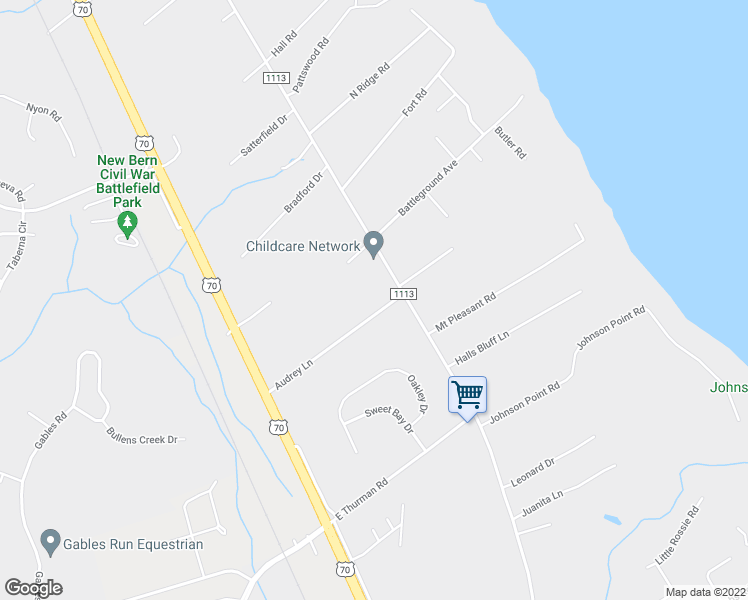 map of restaurants, bars, coffee shops, grocery stores, and more near 404 Audrey Lane in New Bern