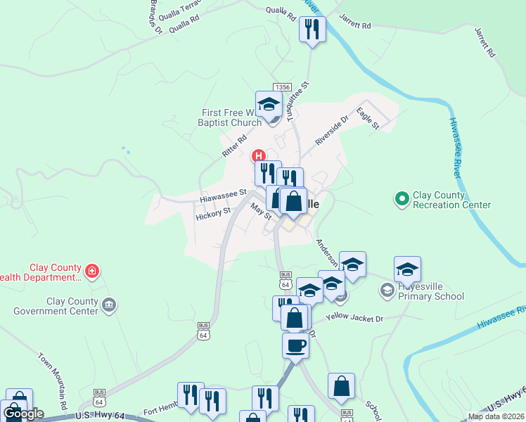 map of restaurants, bars, coffee shops, grocery stores, and more near 67 May St in Hayesville