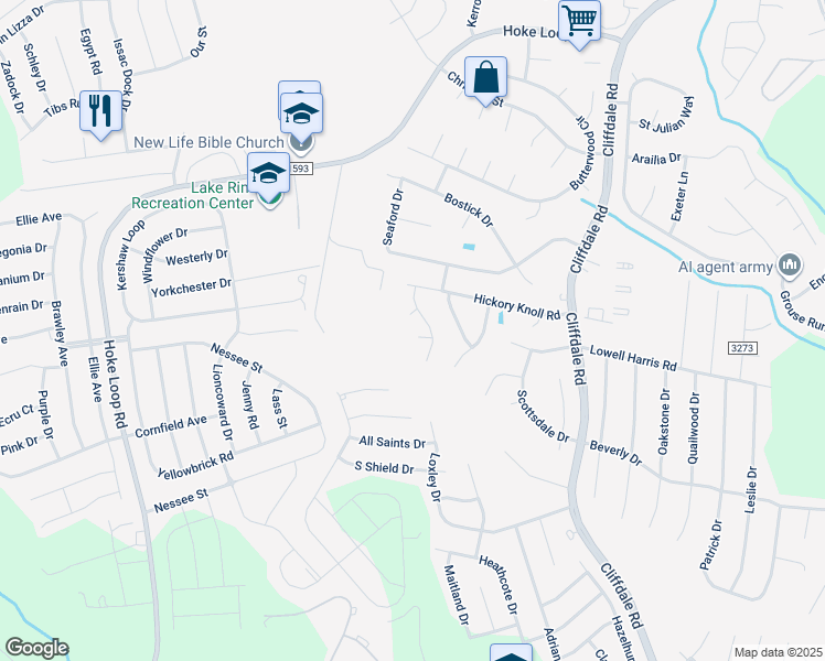 map of restaurants, bars, coffee shops, grocery stores, and more near 5608 Bright View Street in Fayetteville