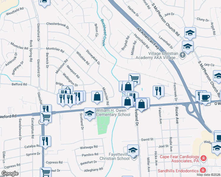map of restaurants, bars, coffee shops, grocery stores, and more near 868 Stoneykirk Drive in Fayetteville