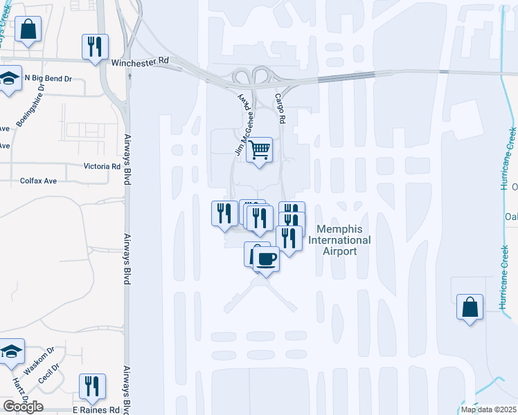 map of restaurants, bars, coffee shops, grocery stores, and more near 2491 Winchester Road in Memphis