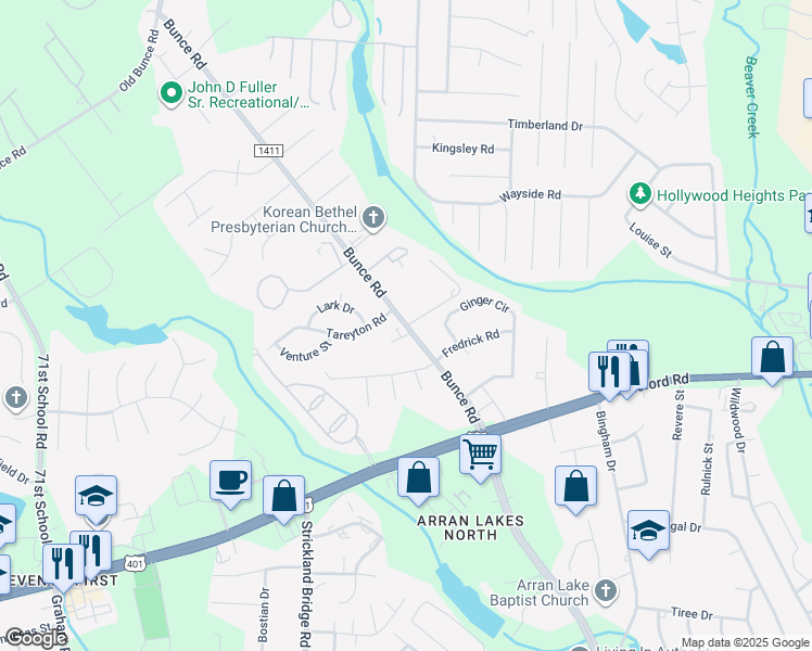 map of restaurants, bars, coffee shops, grocery stores, and more near 1098 Sun Valley Drive in Fayetteville
