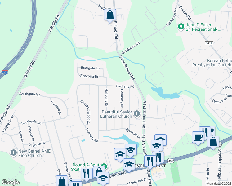 map of restaurants, bars, coffee shops, grocery stores, and more near 1134 Helmsley Drive in Fayetteville