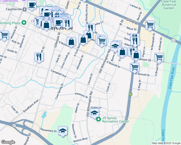 map of restaurants, bars, coffee shops, grocery stores, and more near 312 Lincoln Drive in Fayetteville
