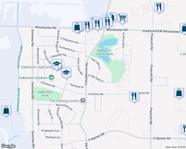 map of restaurants, bars, coffee shops, grocery stores, and more near 3302 East Oak Side Drive in Memphis