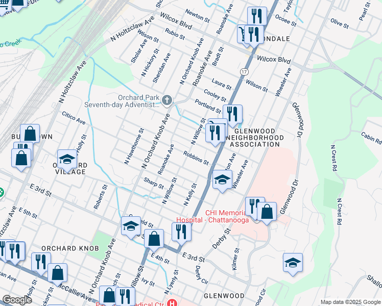 map of restaurants, bars, coffee shops, grocery stores, and more near 2101 Robbins Street in Chattanooga