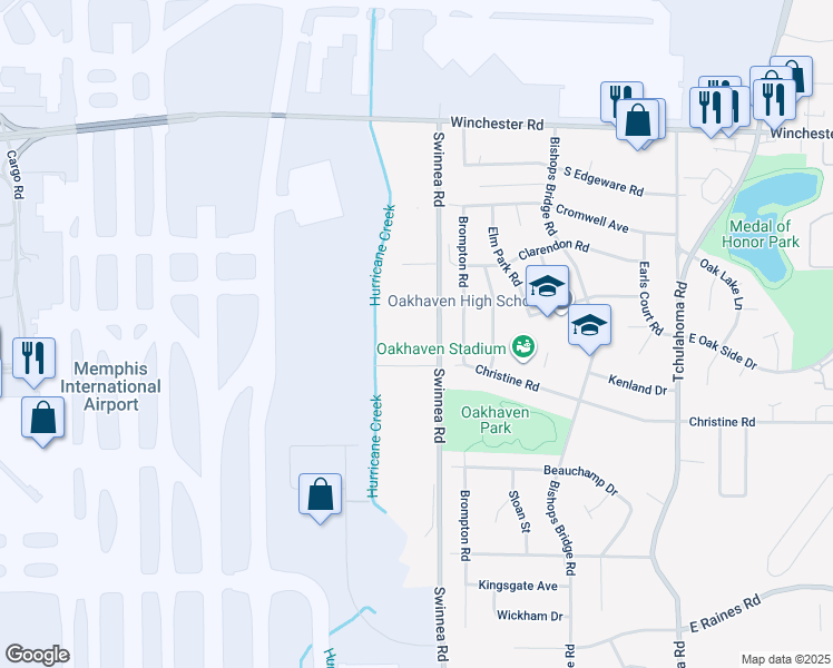 map of restaurants, bars, coffee shops, grocery stores, and more near 3615 Swinnea Road in Memphis