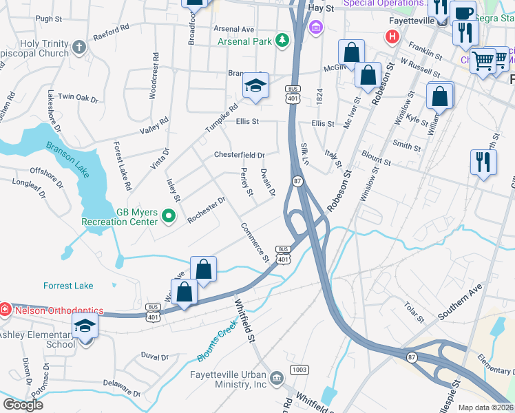 map of restaurants, bars, coffee shops, grocery stores, and more near 830 Dwain Drive in Fayetteville