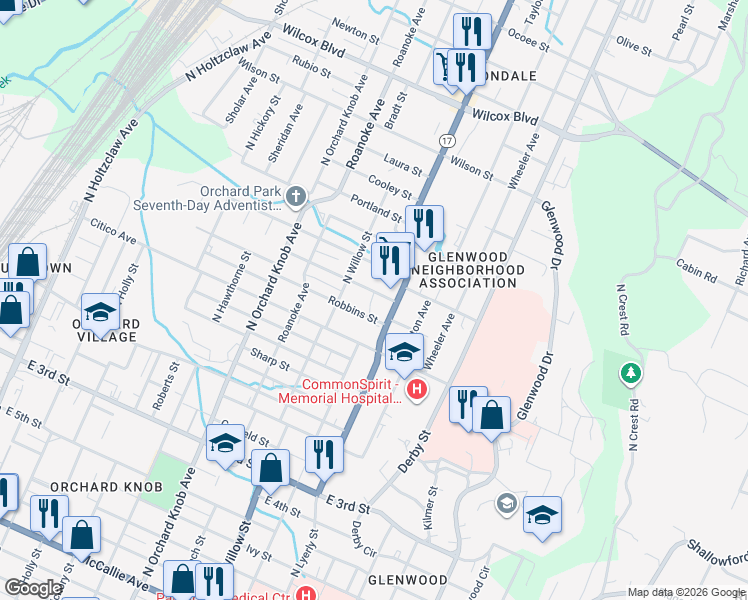 map of restaurants, bars, coffee shops, grocery stores, and more near 2200 Rawlings Street in Chattanooga