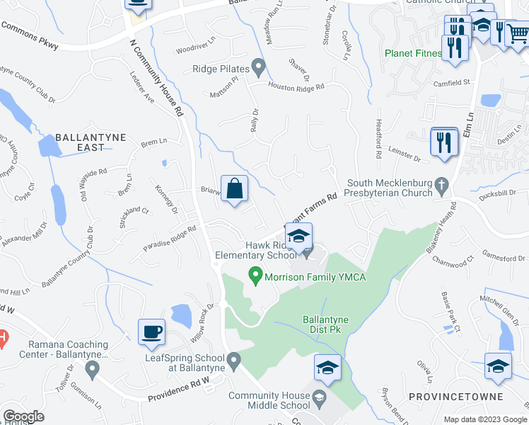 map of restaurants, bars, coffee shops, grocery stores, and more near 9318 Briarwick Lane in Charlotte