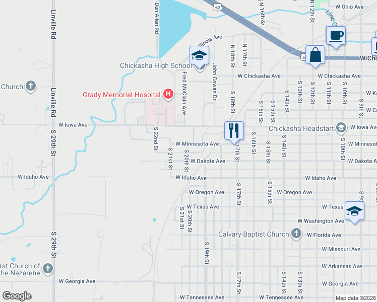 map of restaurants, bars, coffee shops, grocery stores, and more near 513 South 20th Street in Chickasha