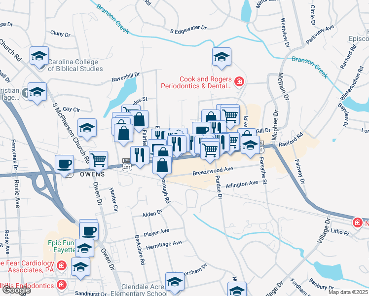map of restaurants, bars, coffee shops, grocery stores, and more near 106 Willborough Avenue in Fayetteville