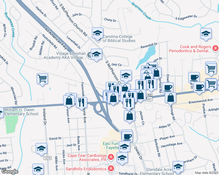 map of restaurants, bars, coffee shops, grocery stores, and more near 969 Old McPherson Church Road in Fayetteville