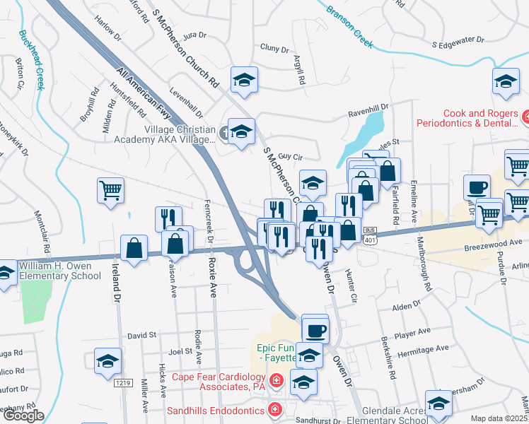 map of restaurants, bars, coffee shops, grocery stores, and more near 3411 Lainey Lane in Fayetteville