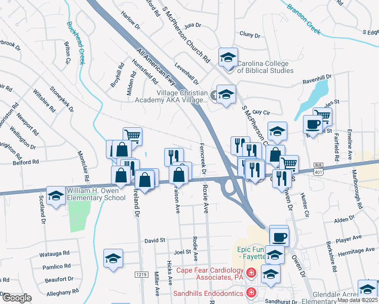 map of restaurants, bars, coffee shops, grocery stores, and more near 821 Astron Lane in Fayetteville