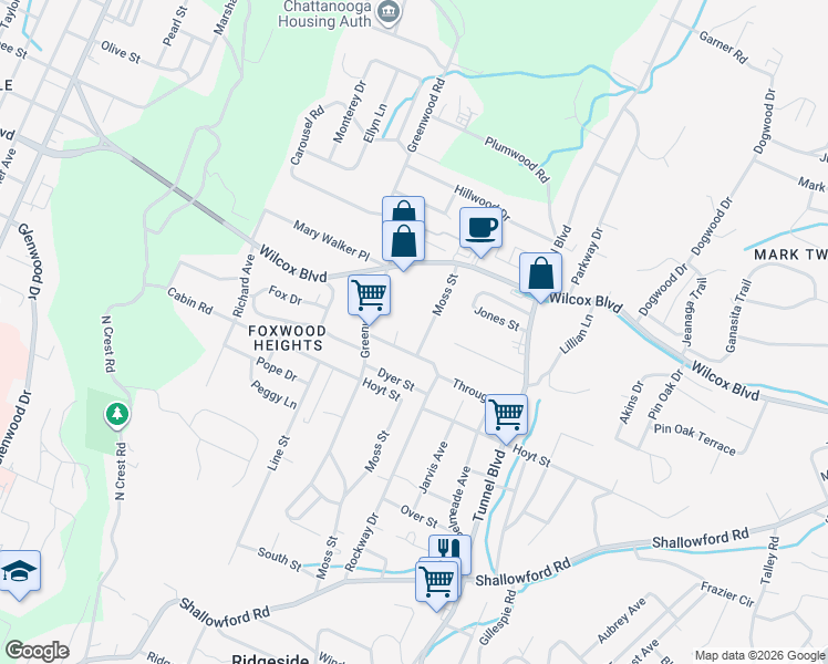 map of restaurants, bars, coffee shops, grocery stores, and more near 1309 Moss Street in Chattanooga