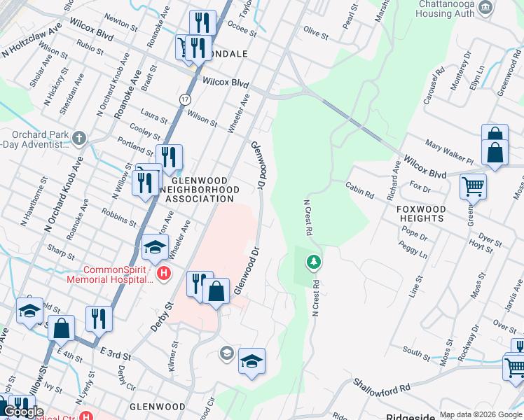 map of restaurants, bars, coffee shops, grocery stores, and more near 1018 Glenwood Drive in Chattanooga