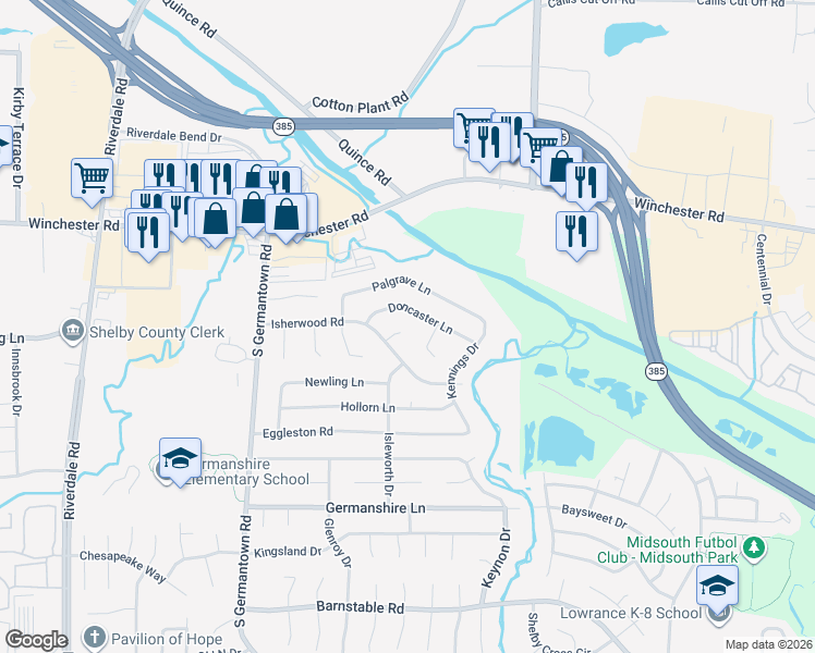 map of restaurants, bars, coffee shops, grocery stores, and more near 3779 Isherwood Cove in Memphis