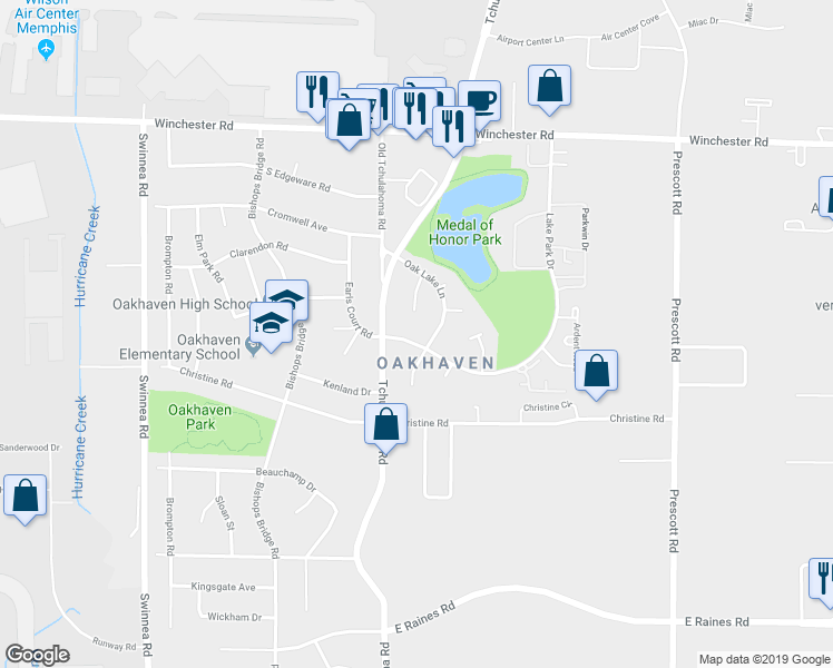 map of restaurants, bars, coffee shops, grocery stores, and more near 3302 East Oak Side Drive in Memphis