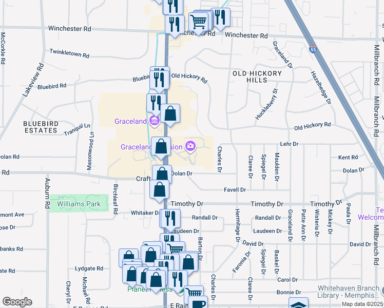 map of restaurants, bars, coffee shops, grocery stores, and more near 3764 Elvis Presley Boulevard in Memphis