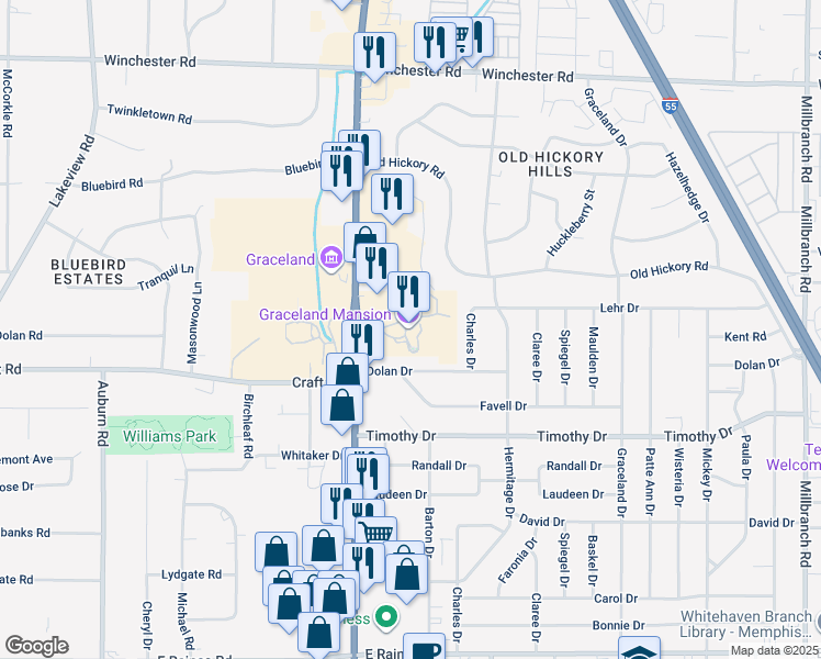 map of restaurants, bars, coffee shops, grocery stores, and more near 3764 Elvis Presley Boulevard in Memphis