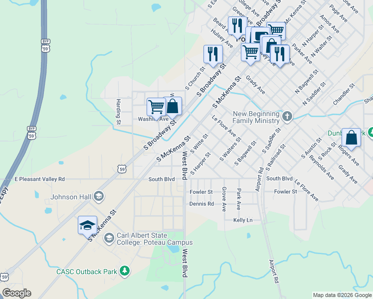 map of restaurants, bars, coffee shops, grocery stores, and more near 202 Morris Avenue in Poteau