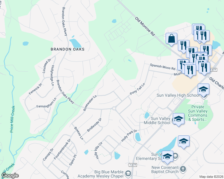 map of restaurants, bars, coffee shops, grocery stores, and more near 4019 Rosewater Lane in Indian Trail