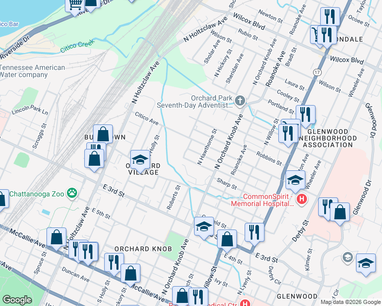 map of restaurants, bars, coffee shops, grocery stores, and more near 1704 Walker Road in Chattanooga