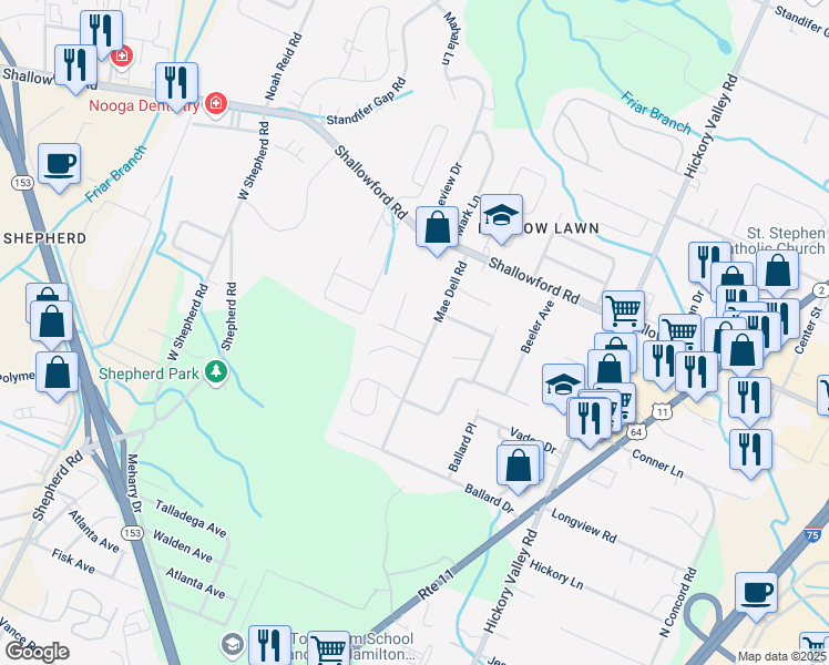 map of restaurants, bars, coffee shops, grocery stores, and more near 6513 Pine Manor Drive in Chattanooga