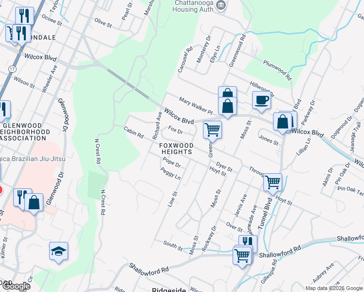 map of restaurants, bars, coffee shops, grocery stores, and more near 3014 Saint Paul Street in Chattanooga