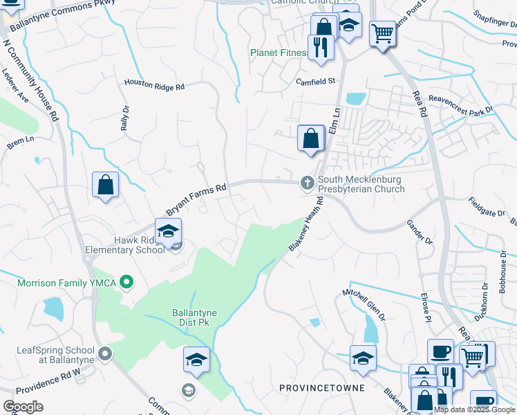 map of restaurants, bars, coffee shops, grocery stores, and more near 9344 Timothy Court in Charlotte