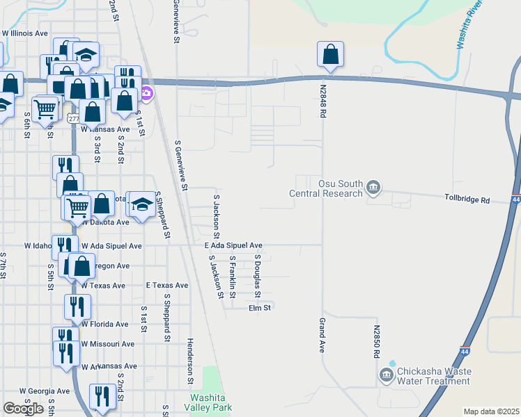 map of restaurants, bars, coffee shops, grocery stores, and more near 523 South Jackson Street in Chickasha